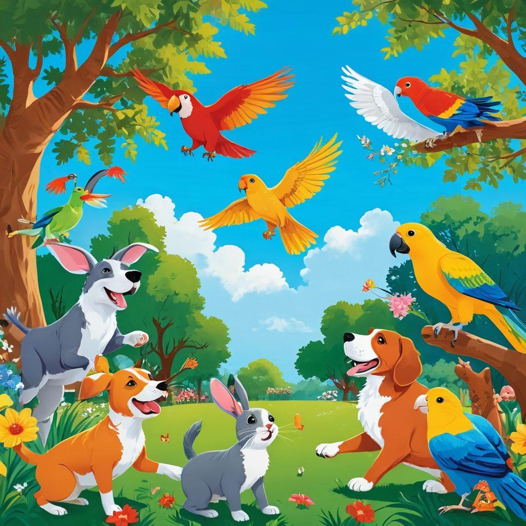A lively scene of various animals engaging in playful antics, such as a mischievous dog playing tug-of-war with a cat, a rabbit hopping around joyfully, and a parrot perched above, laughing. The background features a colorful park setting with flowers, trees, and a bright blue sky. Each animal has a humorous expression to convey laughter and fun. cartoon style. vibrant colors. playful and whimsical.