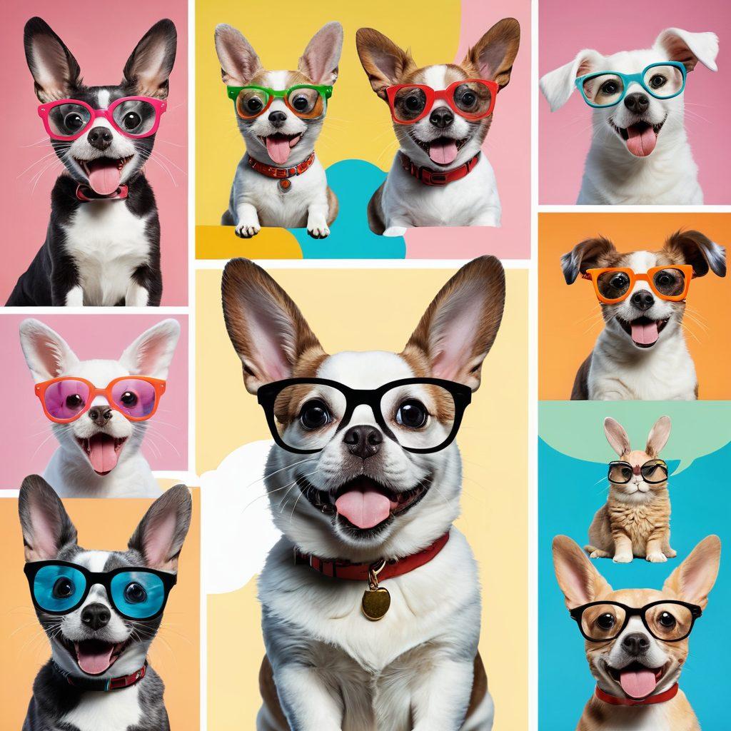 A collage of adorable pets in funny poses, like a cat wearing oversized glasses, a dog with a goofy face, and a rabbit caught mid-hop. Each pet is surrounded by colorful, playful speech bubbles filled with humorous captions. The background is a bright and cheerful setting with soft pastel colors that enhance the joyful ambiance. The image style should be cheerful and cartoonish, with vibrant colors to evoke happiness and laughter.